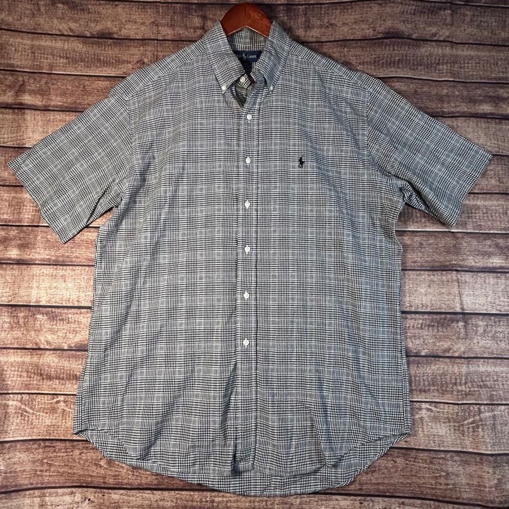 Ralph Lauren Blake Mens Large Black White Glen Plaid Short Sleeve Cotton Shirt